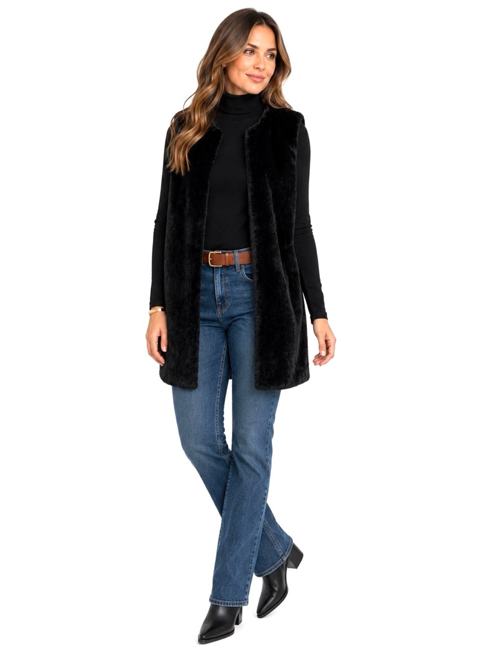 Chico, Black Long Open Front Faux Fur Vest, Size 1x